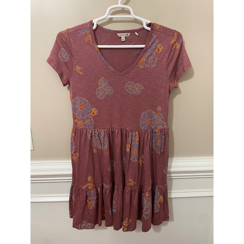 Toad&Co Marley Tiered Short Sleeve Dress Dusty Rose Floral Pockets Size S NWoT